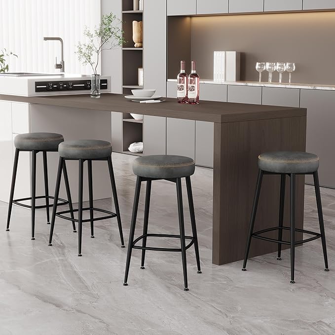 Counter Height Bar Stools, 26" H Backless Bar Stools Set of 2, Upholstered Faux Leather Kitchen Counter Stools, Mid Century Modern, Kitchen Island Home Bar, Pub, Black Grey