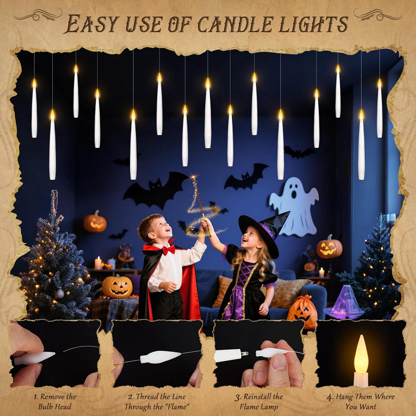 Halloween Decorations, 12 Pcs Floating Candles with Wand Remote, Battery (indluded) Operated Magic Wand Hanging LED Candles, Flameless Flickering Taper Candles for Halloween Christmas Decor Birthday