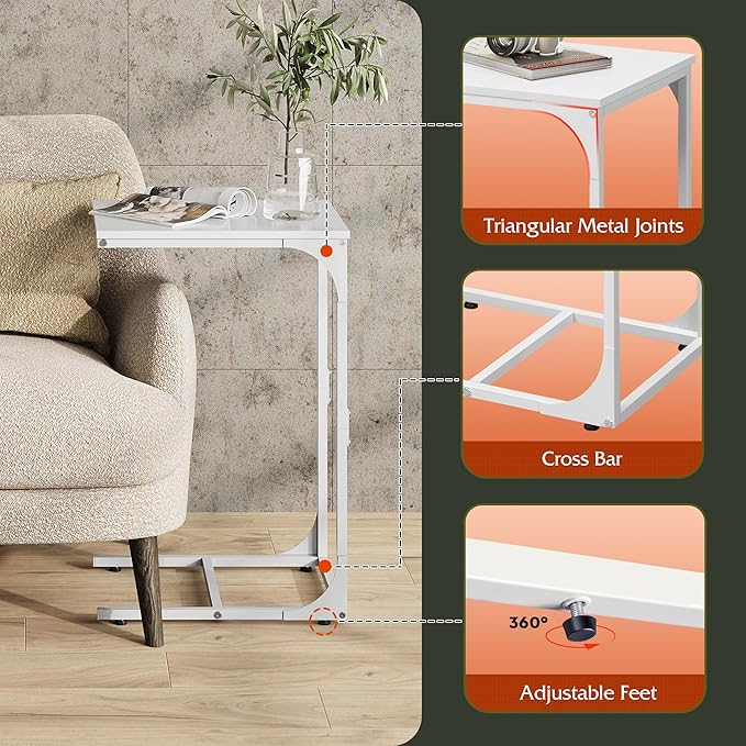 WLIVE C-Shaped End Table Set of 2, Small Couch Side Tables with Metal Frame, Sofa Table TV Tray for Living Room, Bedroom, White