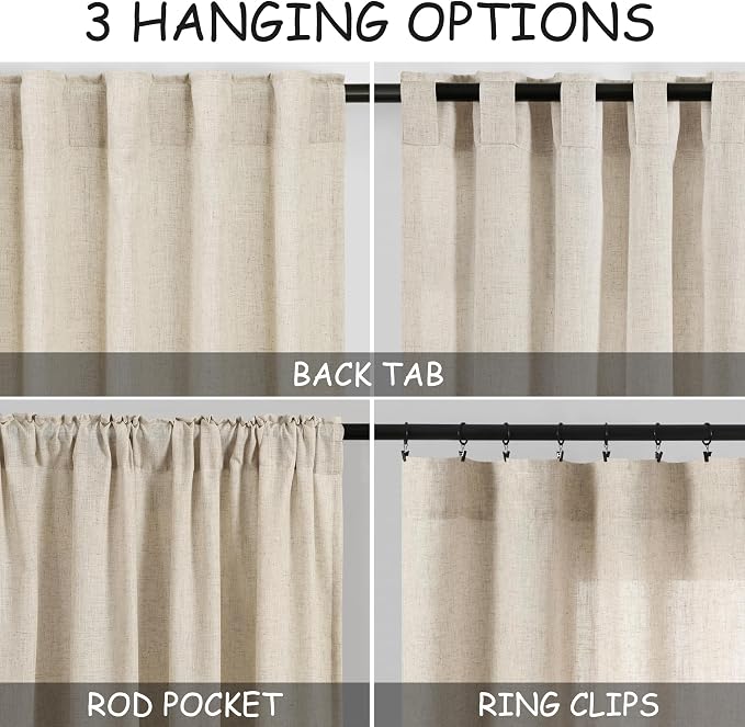 Extra Long Curtain 38x108 inches Long 2 Panels Set Back Tab Beige Linen Drapes - Image 3