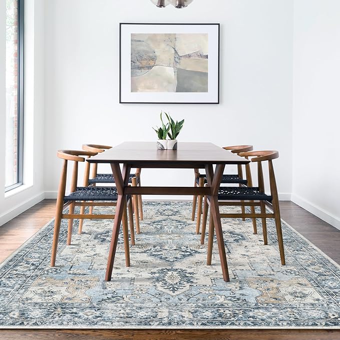 GENIMO 8x10 Area Rugs for Living Room, Machine Washable Non Slip Vintage Rugs, Low Pile Lightweigt Chenille Print Indoor Rug for Bedroom, Dining Room, Home Office, Blue
