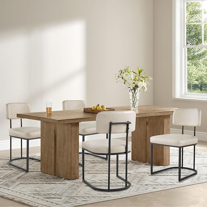 Dining Chairs Set of 4, Upholstered Modern Kitchen Chairs with Ergonomic Backrest, Faux Leather Cushion Seat & Metal Legs for Living Room, Restaurant, and Café, Beige, 2 Boxs