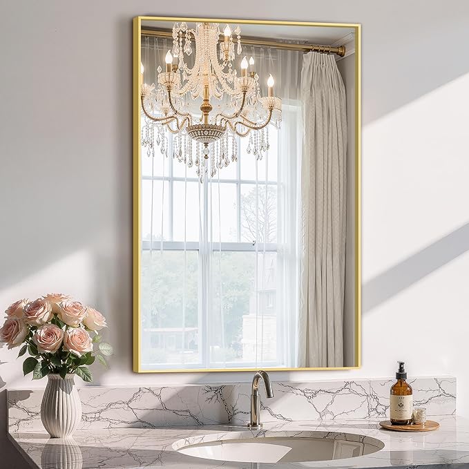 Bathroom Vanity Mirror for Wall, 20" x 30" Metal Framed Rectangular Bathroom Wall Mirror for Over Sink, HD Shatterproof Glass, Hangs Horizontally or Vertically(Gold)