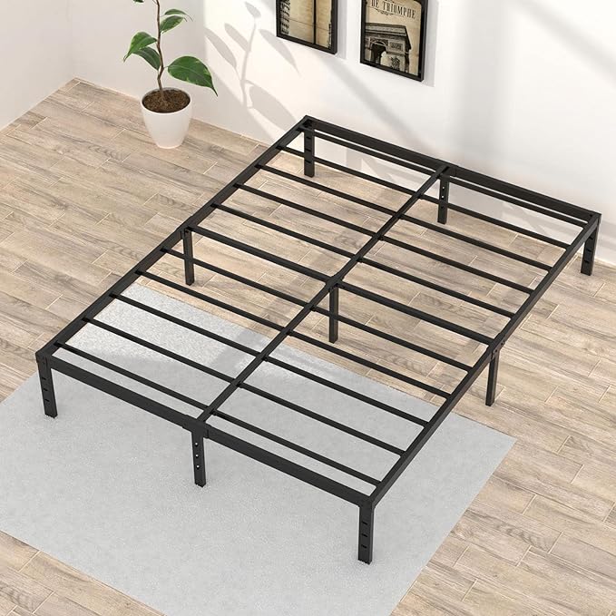 King Bed Frame No Box Spring Needed, 14 Inch Heavy Duty King Platform Bed Frame, 1200lbs Steel Slats Support, Easy Assembly, Black