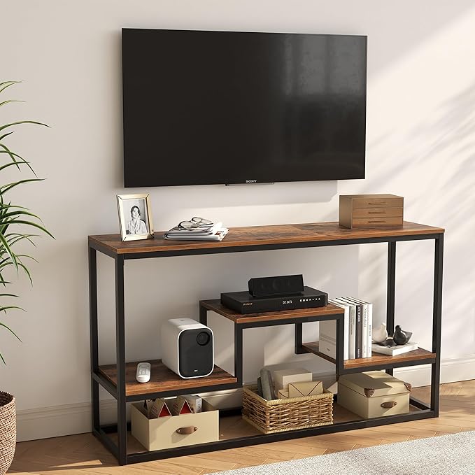 TV Stand for TVs up to 65 Inch, TV Console Table with 3-Tier Open Storage Shelves, Modern Industrial Entertainment Center for Living Room, Bedroom, Rustic Brown