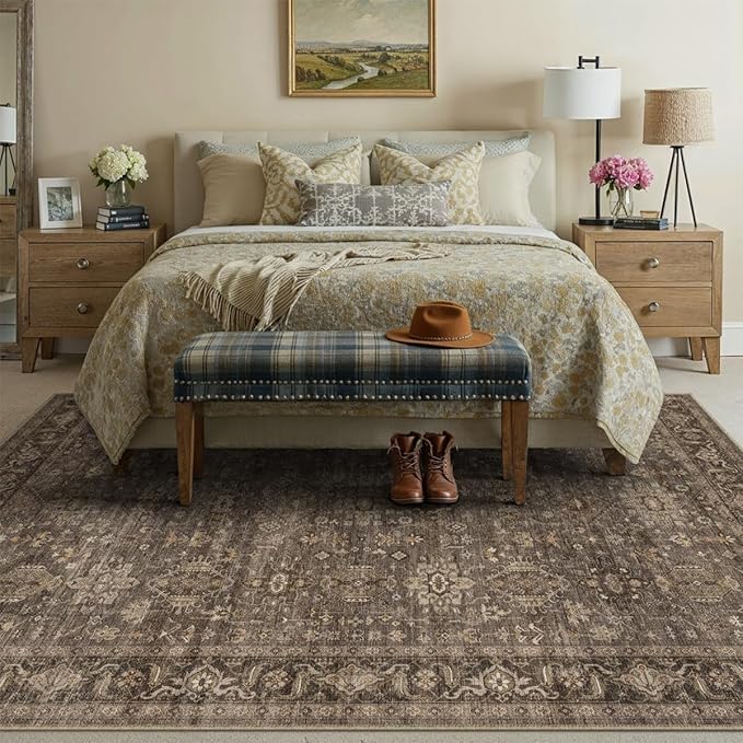 12x15 Washable Area Rug for Living Room Bedroom Vintage Brown Non Slip Carpet - Image 3