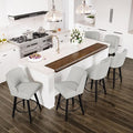 Counter Height Swivel Bar Stools Set of 6, 26 Inch Bar Stools with Footrest, Linen Fabric Upholstered Barstools with Back and Solid Wood Legs for Kitchen Island, Dining Room,Pub,White