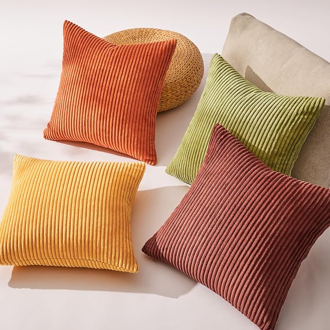 Topfinel Fall Burnt Orange Throw Pillow Covers 16x16 Set of 4, Corduroy Striped - Image 5