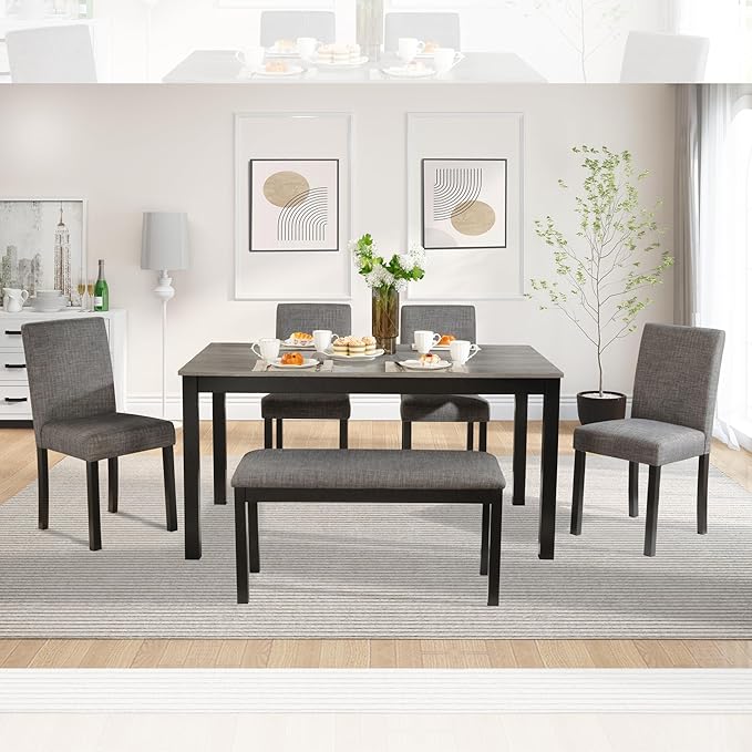 soges 6-Piece Kitchen Dining Table Set with Bench and Chairs, Dining Table Set for 6 with Bench, Wooden Table Set for Kitchen, Dining Room, Grey