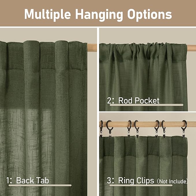 LAMIT Olive Green Linen Window Curtains 30 Inches Long 2 Panels, Semi Sheer - Image 2
