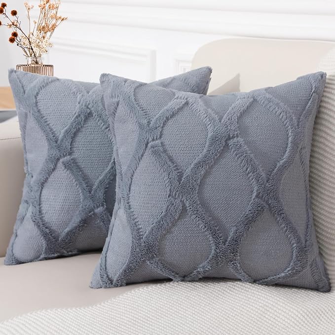 decorUhome Throw Pillow Covers 22x22 Inch Set of 2, Soft Plush Faux Fur Wool Blue Grey Couch Pillow Covers, Decorative Neutral Pillow Cases for Bed Sofa Living Room Home Decor