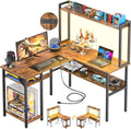 Unikito L Shaped Gaming Desk with LED Strip and Power Outlets, Reversible L-Shaped Computer Desk with Storage Shelves, Corner Desk with Hutch, 2 Person Home Office Desk, Rustic Brown
