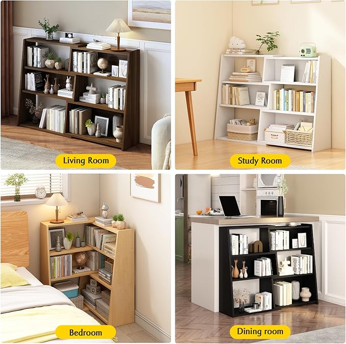 IOTXY Wooden Extendable Shelf Bookcase - 3-Tier Ladder Low Short Bookshelf for Small Space or Corner, Black, L