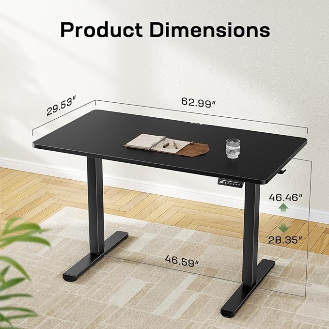 Marsail Electric Standing Desk with One-Piece Desktop,63 x 30 inch Height Adjustable Office Gaming Computer Desk with Deeper Tabletop,Home Office Stand up Desk with 4 Memory Presets, table for Bedroom