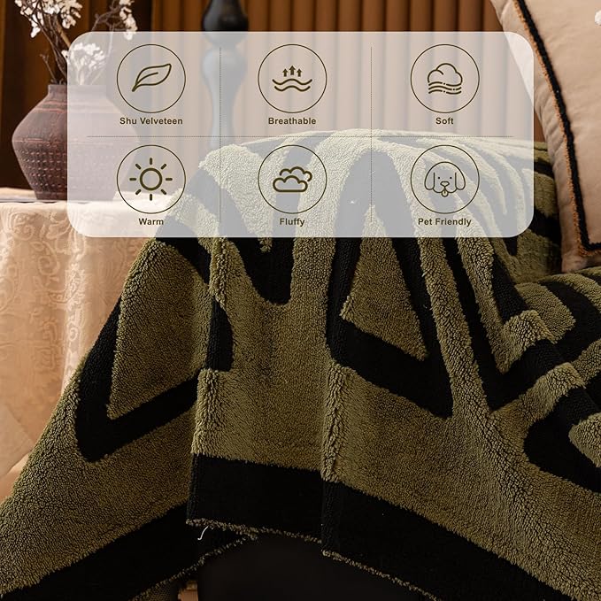 HANDONTIME Olive Green Sofa Covers for Sectional Sofa Boho Couch Cover for Dogs Christmas Green Throw Couch Cover Shu Velveteen Black Loveseat Covers Short Plush L Shaped Cover Washable, 71" X118"