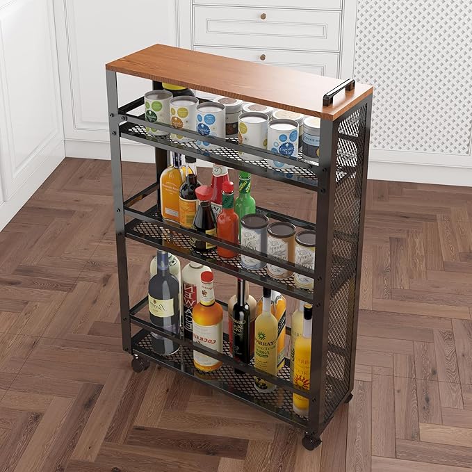 2025 New, Slim Kitchen Storage Cart, 3-Tier Metal Rolling Utility Cart Mesh Basket, Multifunction Wire Basket Shelf Trolley for Home Laundry, Bathroom, Living Room, Black