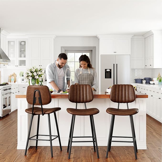 24-Inch Leather Bar Stools Set of 2, Counter Height Barstools with High Backrest，Bar Chairs for Kitchen Island with Heavy Duty Metal Legs, Dark Brown