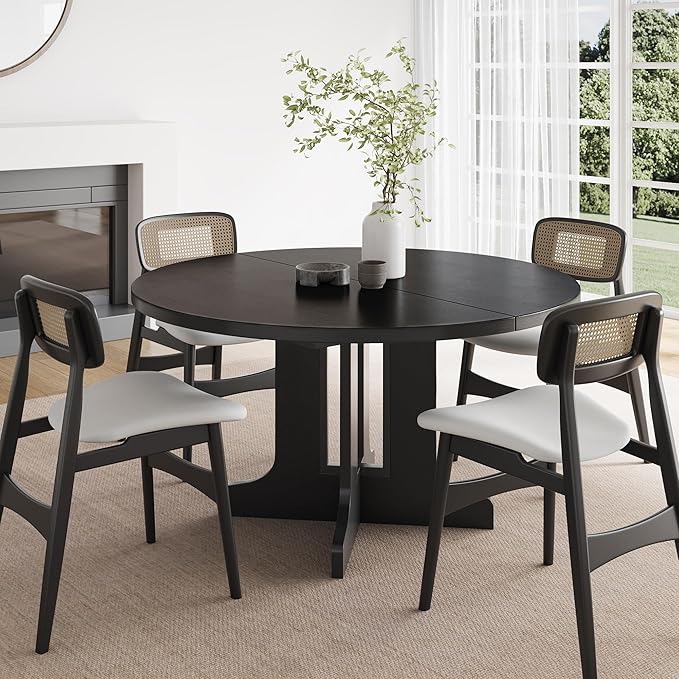 Feonase 59" Round Extendable Dining Room Table for 4-6, Modern Oval Kitchen Table with Heavy Duty Wood Base, Metal Frame Support, for Kitchen Dining Living Room, Easy Assembly, Black