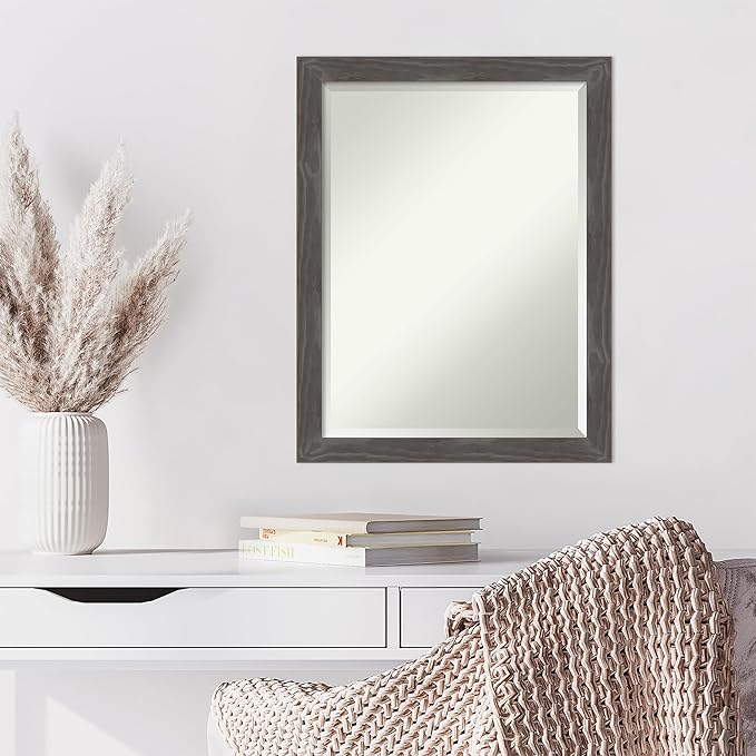 Amanti Art Grey Wall Mirror 27x21 Woodridge Rustic Grey Rectangle Bathroom Mirror for Wall Decor Living Room, Medium Country Rustic Wood Frame, Hangs Horizonally and Vertically, Bathroom Decor,