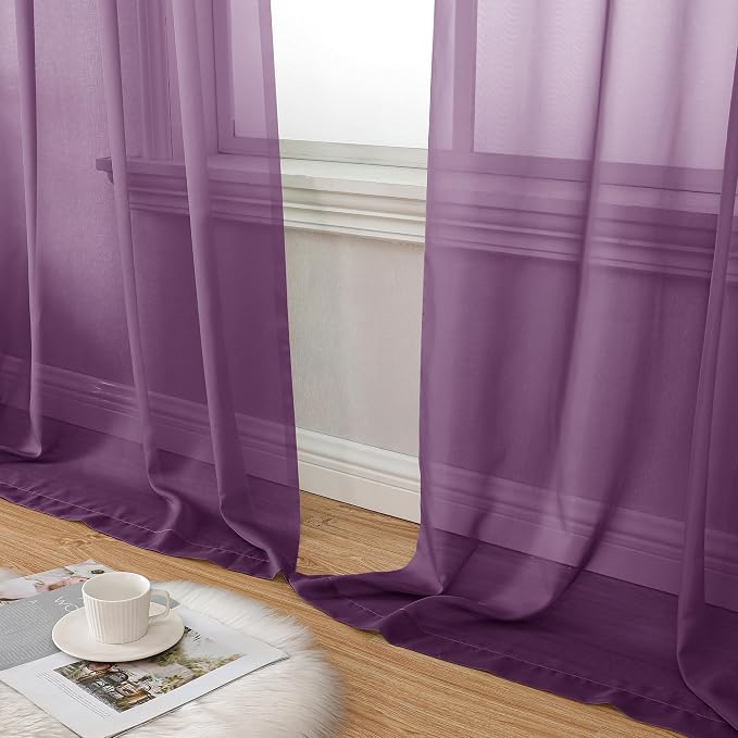 Aiyufeng Plum Purple Sheer Curtains 90 Inches Long 2 Panels, Solid Voile Top - Image 8