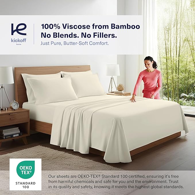 Kickoff Viscose Bamboo Sheets King Size 4-pc 100% Organic Bamboo Viscose Bed Cooling Sheets King Size Set Cool Bedding for hot Sleepers Sheet, Flat, Fitted, Pillowcases (Buttercream,K)