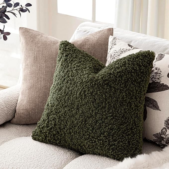 Foindtower 2 Pieces 26x26 Inch Olive Green, Faux Fur Throw Pillow Cover Accent Sherpa Furry Pillow Covers Fuzzy Soft Pillowcases Cozy Sheepskin Decorative Fleece Cushion Case for Bed Couch Living Room