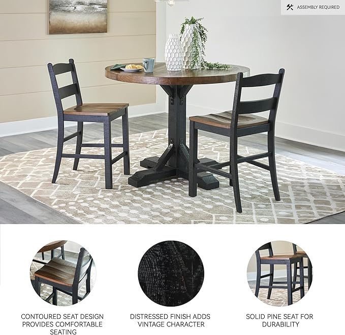 Signature Design by Ashley Valebeck Rustic 24” Counter Height Bar Stool with Contoured Seat, Set of 2, Black & Dark Brown