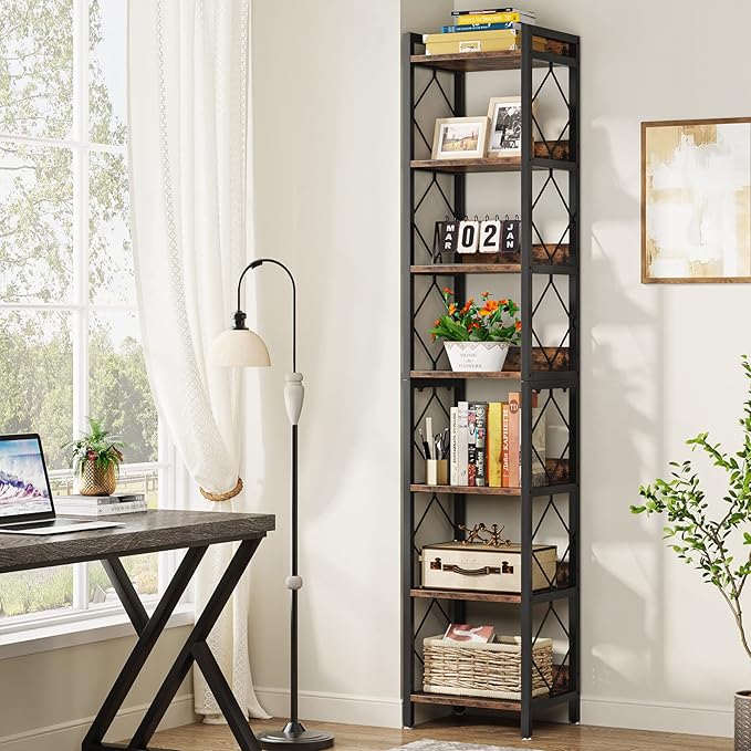 Tribesigns 78.7 Inch Extra Tall Narrow Bookshelf, 7 Tier Skinny Bookcase for Small Spaces, Freestanding Display Shelves, Multifunctional Corner Storage Organizer for Home Office, Rustic Brown