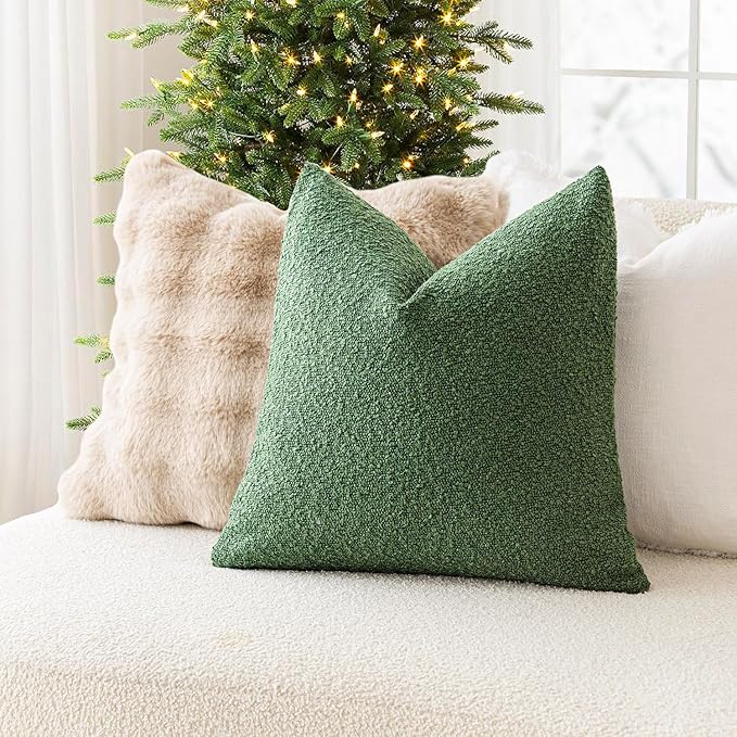 Foindtower Pack of 2 Textured Boucle Throw Pillow Covers Accent Solid Pillow Cases Cozy Soft Decorative Couch Cushion Case for Chair Sofa Bedroom Living Room Home Decor 20 x 20 Inch Hunter Green