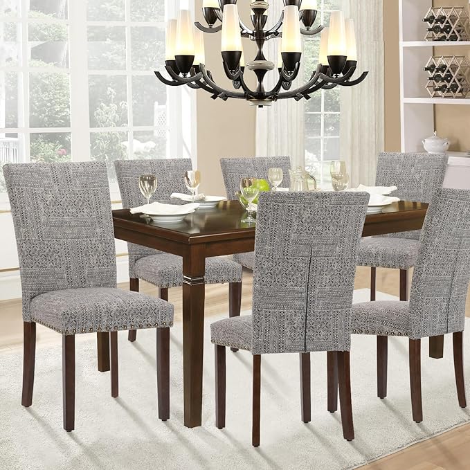 Parsons Dining Chairs Set of 6, Upholstered Nailhead Dining Room Kitchen Side Chair with Thick Cushions and Wood Legs, Black/White