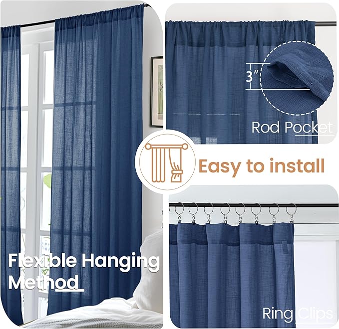 BGment Navy Blue Linen Curtains 63 Inch Length - Image 6