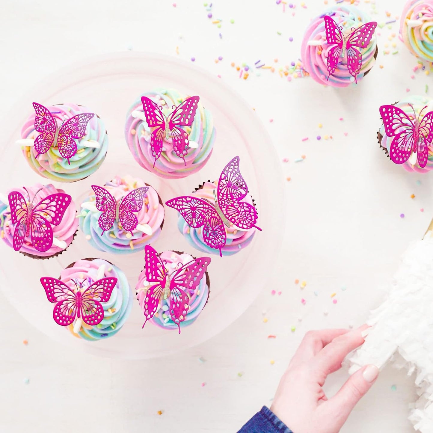 Gyufise Laser Light Pink Butterfly Cupcake Toppers Hollow Art 3D Butterfly Cupcake Decorations Baby Shower Wedding Anniversary Kids Birthday Party Cake Wall Decorations Supplies 36Pcs