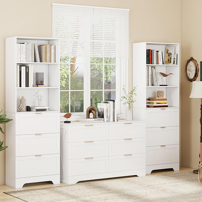 71" Tall Modern White Bookshelf with Storage 3 Drawers Freestanding Display Bookcase, Tall Book Shelf with Organizers and Storage, Display case for Home Office, Living Room,Study,White