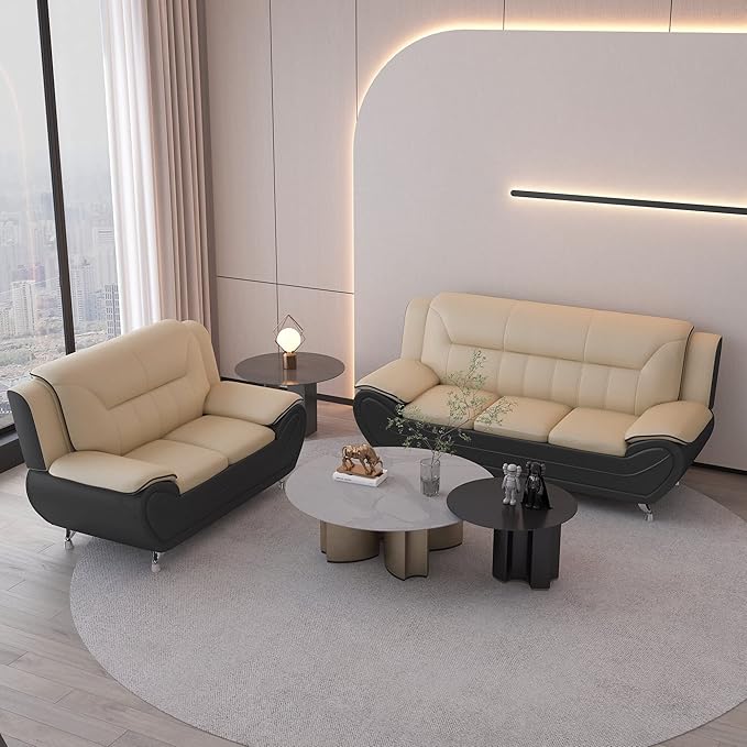 Container Furniture Direct Michael Modern Faux Leather Upholstered Stainless Steel Legs Living Room Sofa, Black Camel