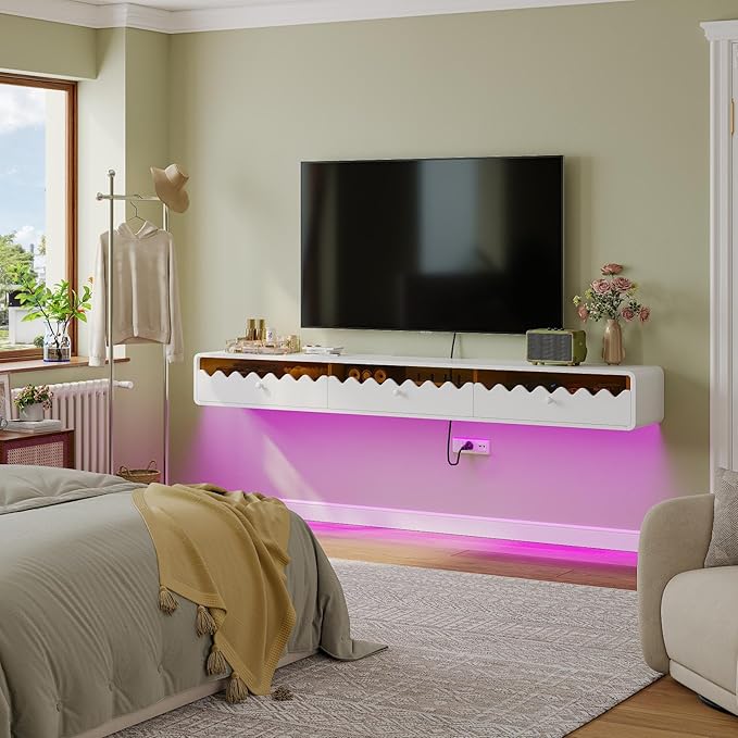 Floating TV Stand, 47IN Fully-Assembled Wall Mounted Wave Glass with Flip-Down Door & Drawers, Modern Media Entertainment Console Under TV Shelf for Livingroom
