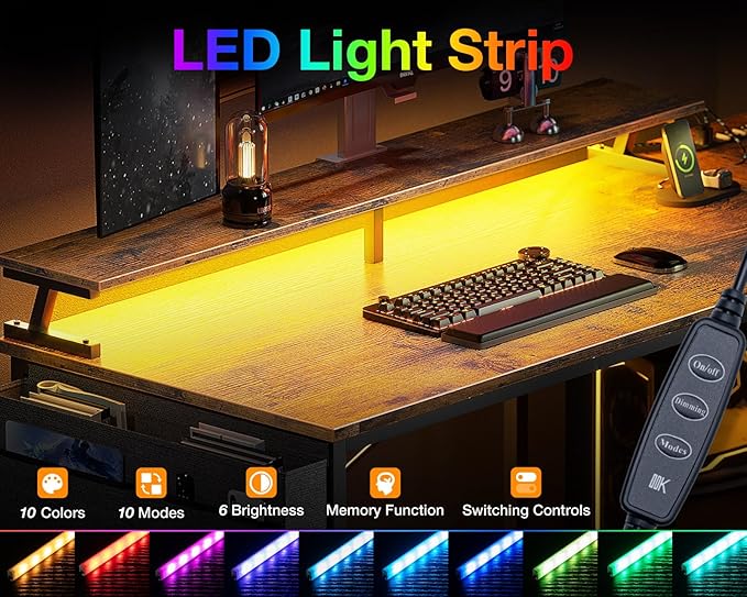 ODK 66 Inch Gaming Desk with USB Charging Ports and LED Lights, Reversible L Shaped Computer Desk with Storage Shelves & Monitor Stand, Home Office Desk Table with Power Outlets, Vintage