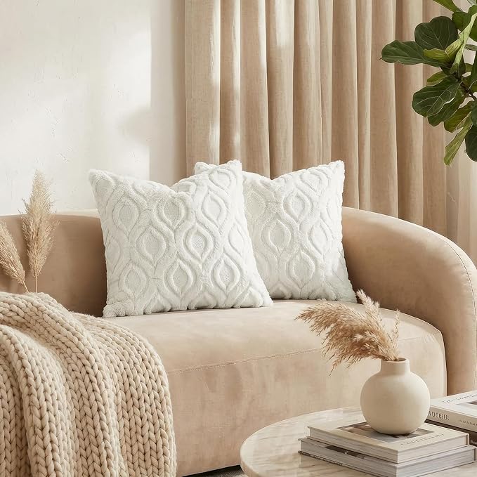 decorUhome Throw Pillow Covers 24x24 Inch Set of 2, Soft Plush Faux Wool Cream - Image 3