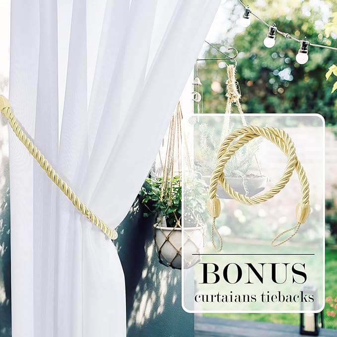 RYB HOME Outdoor Curtains White Sheer Drapes, Detachable Tab Top Easy Hanging - Image 3