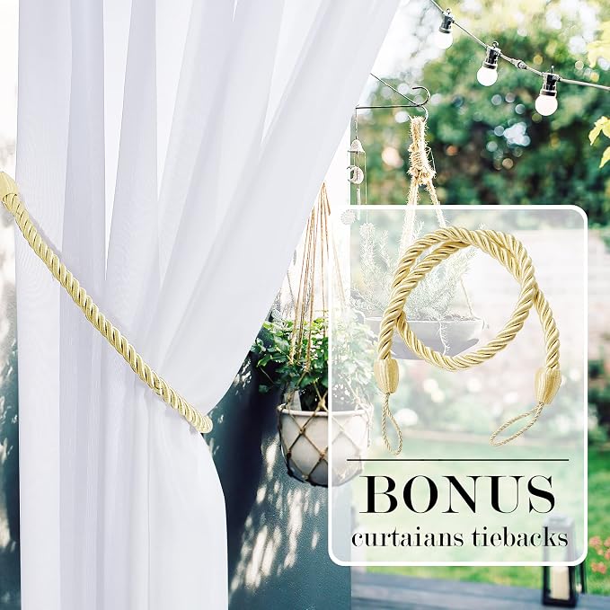 RYB HOME White Sheer Outdoor Curtains 96 inches Long, Detachable Sticky Top - Image 3