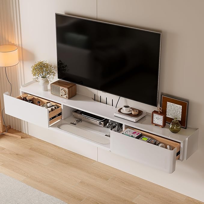 Floaticase Floating TV Stand, 55IN Fully Assembled Hign Gloss Wall Mounted Entertainment Center with Flip-Down Door & Drawers, Under TV Shelf with Large Storage for Living Room, Bedroom