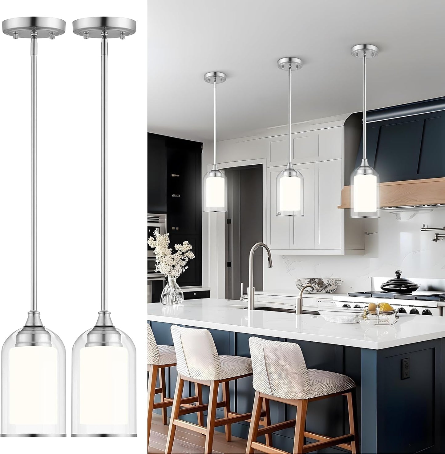 LIROUVET 2 Pack Pendant Light Fixtures, Modern Dual Glass Pendant Lights, Brushed Nickel Hanging Light with Clear and Milk Glass, Pendant Lights Kitchen Island for Dining Room PL02BN-2PK