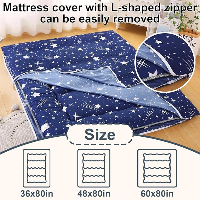 Bohemian Retro Japanese Floor Mattress, Vintage Floral Tatami Floor Mat, Portable Roll up Futon Mattress for Guest,Tavel (Starry,Twin 80" x 36")