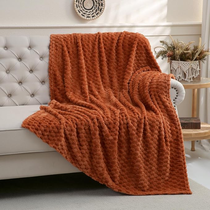 Puncuntex Burnt Orange Throw Blanket 60"×80" inches Fuzzy 3D Jacquard by Puncuntex