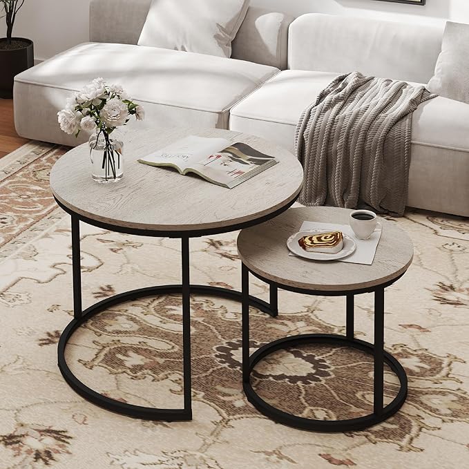 Nesting Tables Set of 2, Round Coffee Table, Small Nesting Coffee Table with Adjustable Non-Slip Fee, Wood Grain Top Nesting Tables for Living Room, Bedroom (Wood Grain Grey)