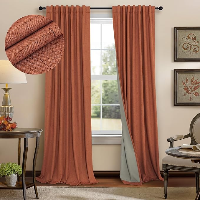 Rust Colored Curtains for Bedroom 96 Inches Long 2 Panel Set Faux Linen Cute by Pitalk