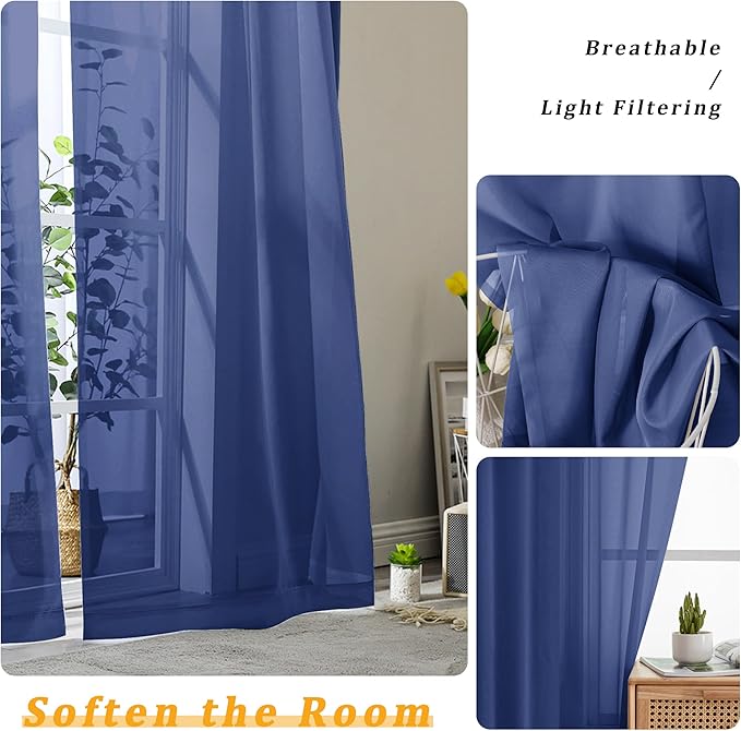 Gwine Royal Blue Sheer Curtains 63 Inch Length - Image 3