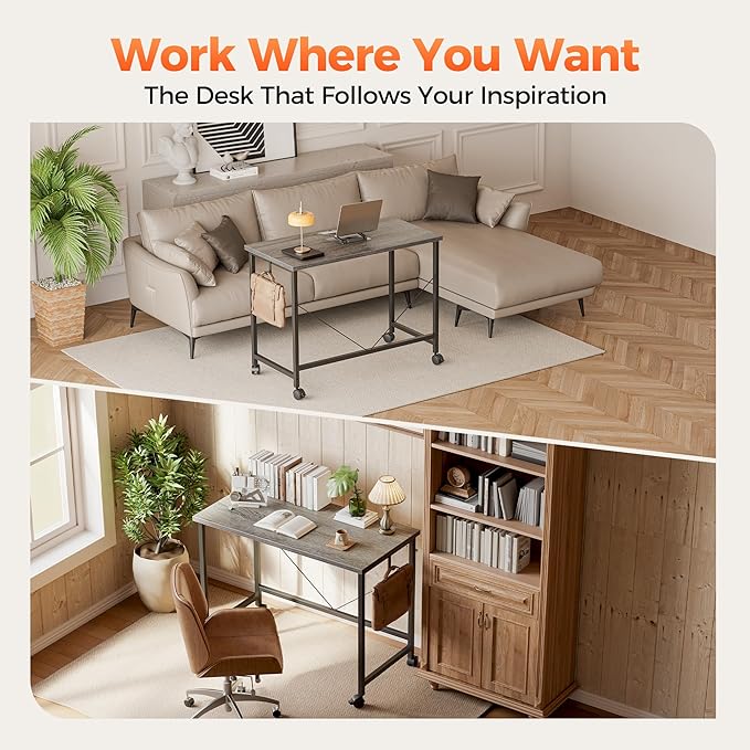 Rolling Computer Desk with Wheels, Gaming Desk for Small Spaces, Modern Simple Style Table for Home Office, Study Writing Table (Caster, Stone Gray, 32 inch)