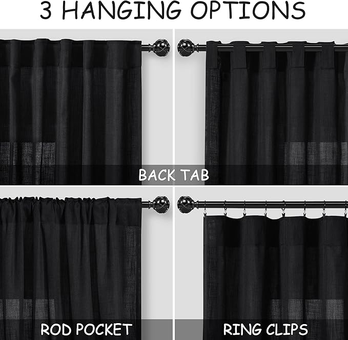 Nanspring Black Semi Sheer Linen Curtains 72 inch Length - Image 3