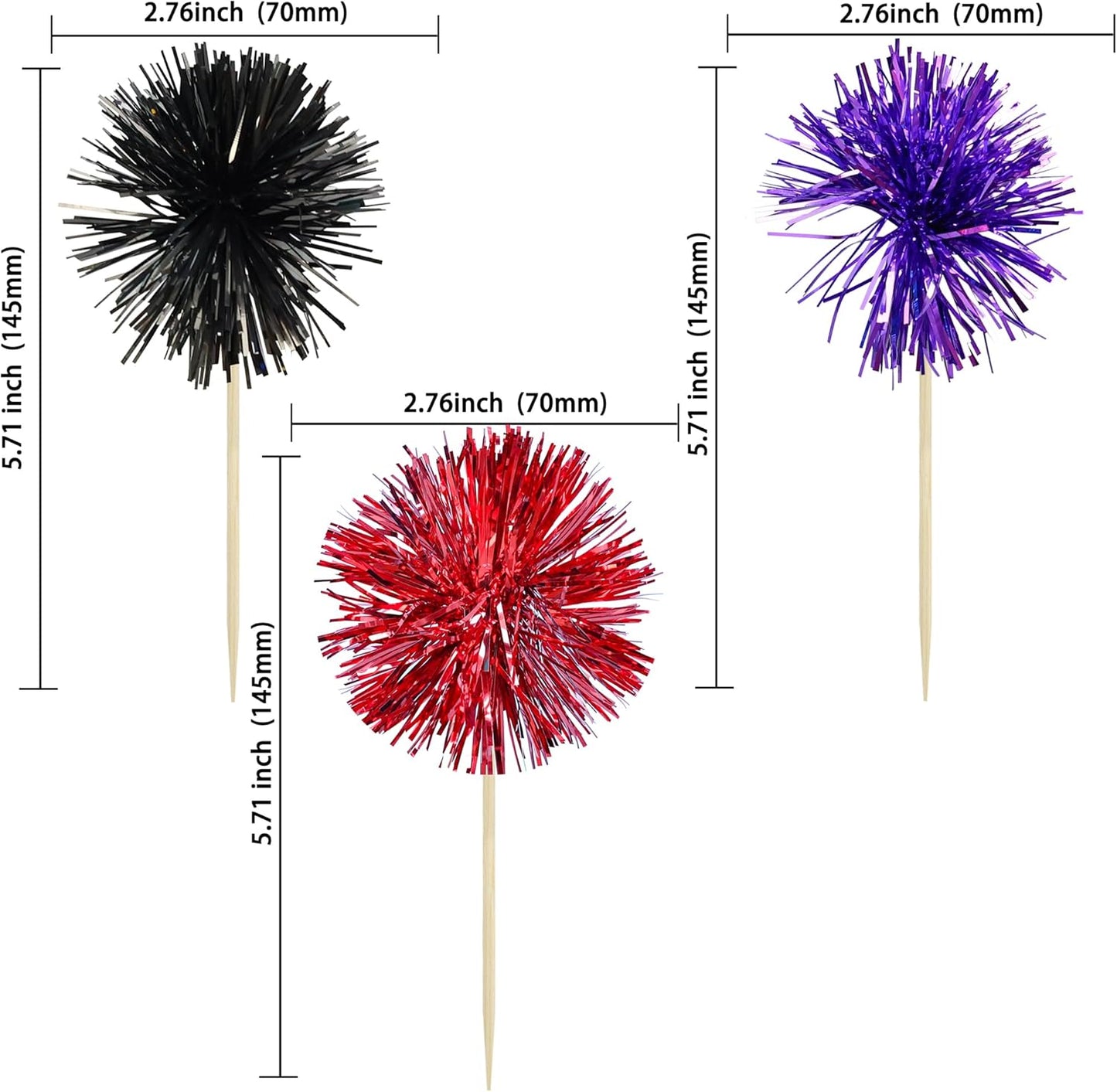 Gyufise 30Pcs Foil Firework Cupcake Toppers Sparkle Tinsel Cake Toppers Tinsel Drink Cake Decoration Cocktail Picks for Halloween Birthday Wedding Graduation Party Supplies Purple Black Red