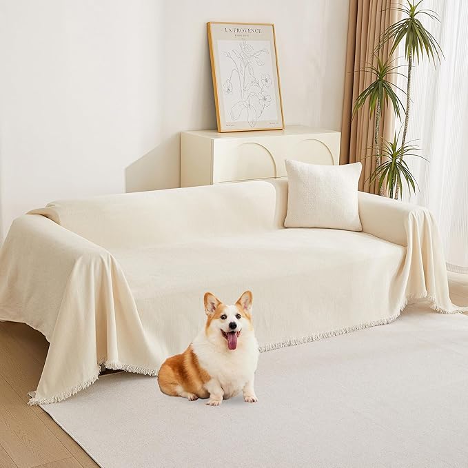 MYSKY HOME Loveseat Cover Beige Couch Cover Sectional Couch Covers for 2 Cushion Couch Sofa Thick Universal Chenille Sofa Cover with Tassel Durable Furniture Protector for Dogs 91" x 118"